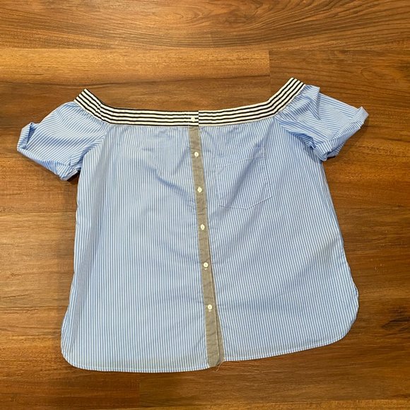 Bebe Off Shoulder Striped Top in Black, White and Blue Size Large - Picture 2 of 9